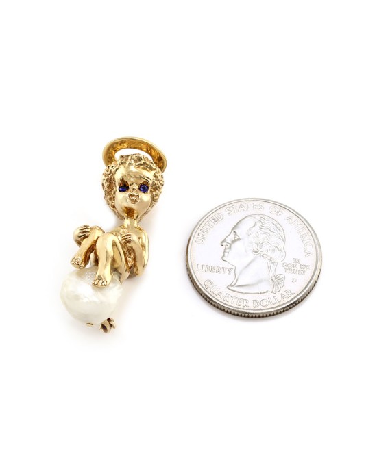 Ruser Freshwater Pearl and Sapphire Cherub with Book Pin in Yellow Gold